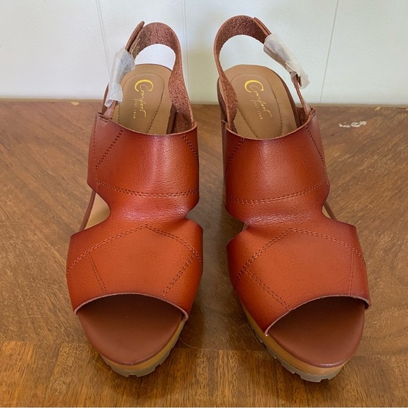 New Chunky Heel Sandel 9.5 Stacked Block Cognac Brown Strap Comfort Retro - Picture 11 of 11